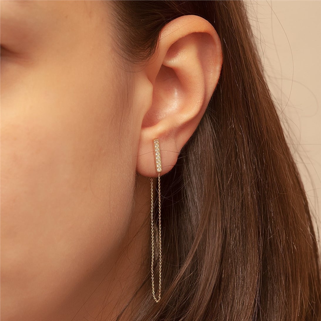 Goldstore-14K Solid Gold Diamond or CZ Bar Threader Chain Earring, Dainty Drop Chain Bar Earring is a Great Gift For Her. Gold Bar Long Chain Earrings