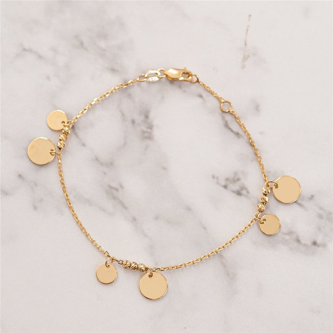 Goldstore-14k Solid Gold Disc Bracelet/Anklet, Custom Initial Engrave Gold Disc Coin Charm Bracelet, Real Gold Multiple Letter Disc Bracelet Gift For