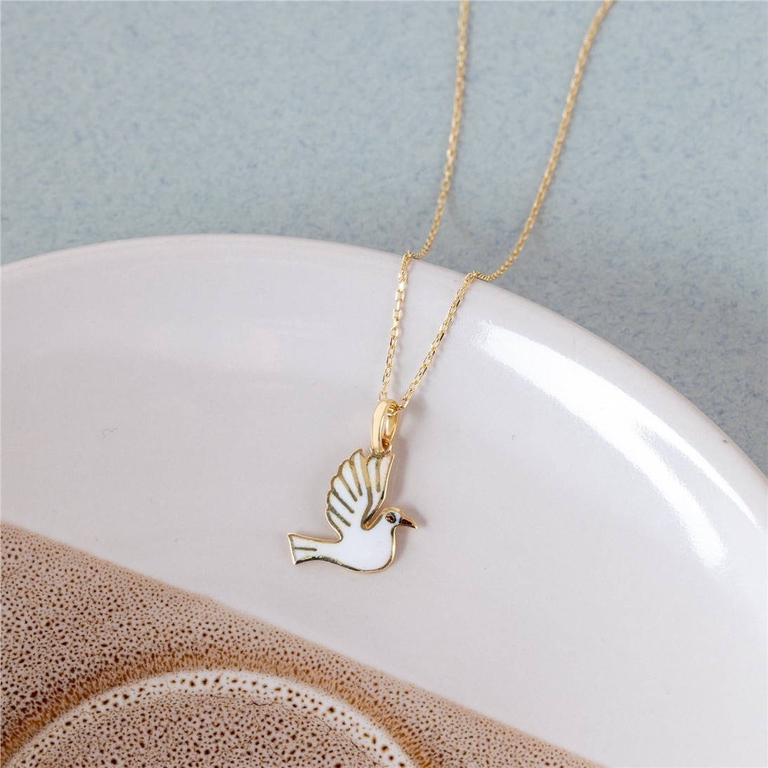 Goldstore-14k Solid Gold Dove Necklace, Dainty White Dove Pendant, Tiny Bird Necklace, Animal Lover Necklace, Handmade Everyday Jewelry, Gift For Her