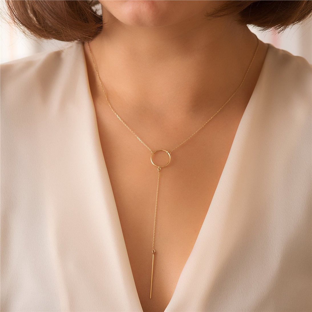 Goldstore-14k Solid Gold Drop Bar Lariat Necklace, Open Circle Lariat Gold Necklace, Vertical Long Lariat Necklace, Delicate Y Necklace Gift for Her