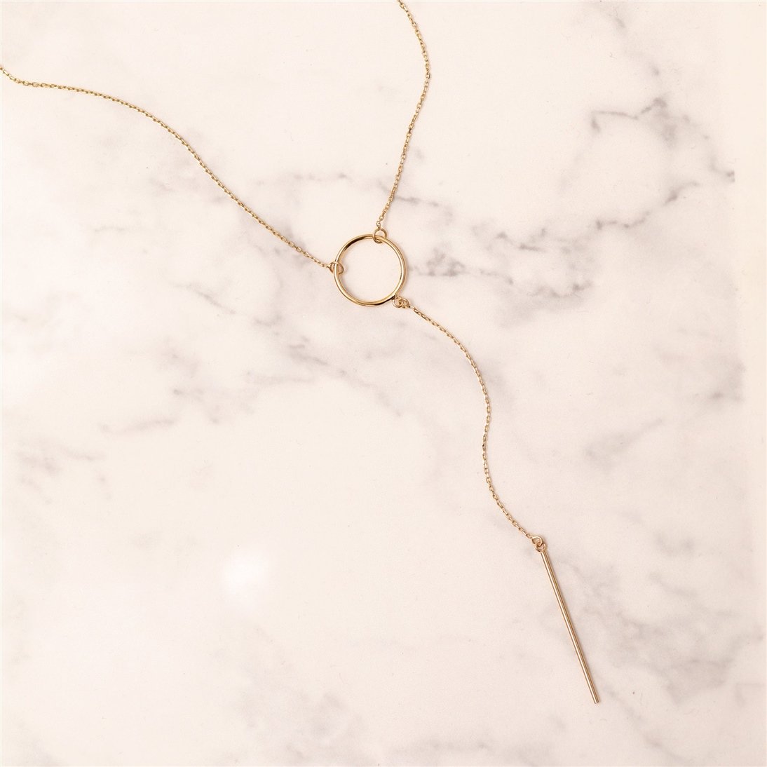 Goldstore-14k Solid Gold Drop Bar Lariat Necklace, Open Circle Lariat Gold Necklace, Vertical Long Lariat Necklace, Delicate Y Necklace Gift for Her