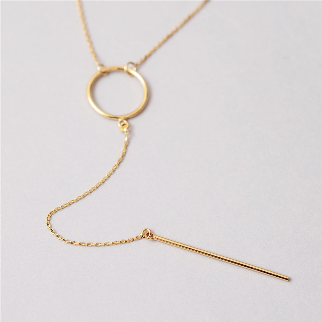 Goldstore-14k Solid Gold Drop Bar Lariat Necklace, Open Circle Lariat Gold Necklace, Vertical Long Lariat Necklace, Delicate Y Necklace Gift for Her