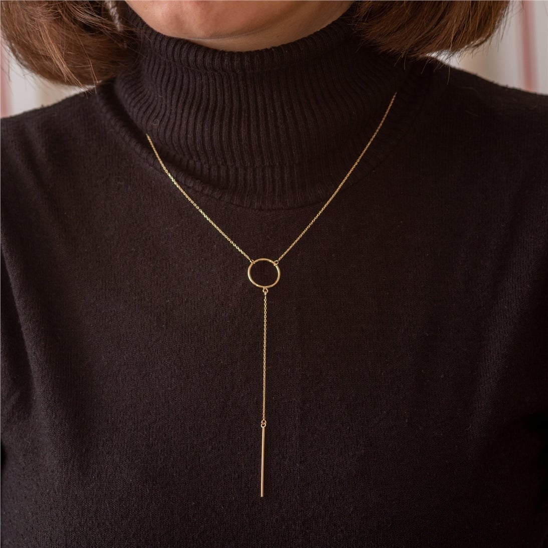 Goldstore-14k Solid Gold Drop Bar Lariat Necklace, Open Circle Lariat Gold Necklace, Vertical Long Lariat Necklace, Delicate Y Necklace Gift for Her