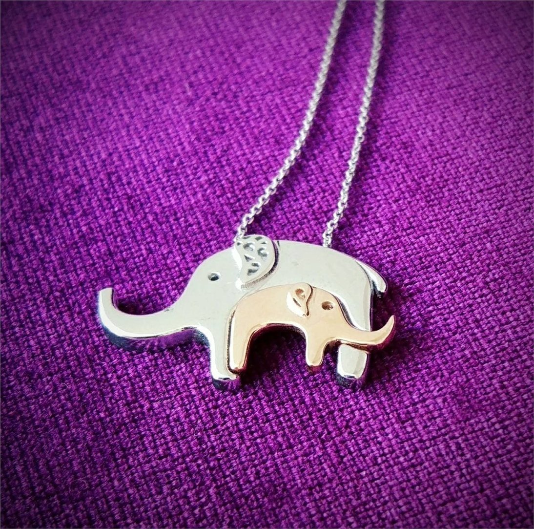 Goldstore-14k Solid Gold Elephant Necklace, Baby & Mother Elephant 14k Gold Necklace, Mom and Baby Elephant New Mommy Necklace is a Great Gift For Her