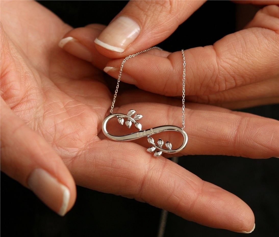 Goldstore-14k Solid Gold Engraved Name Infinity Necklace, Dainty Personalized name Engraved Infinity and Leaf Necklace is a Great Gift For Her.