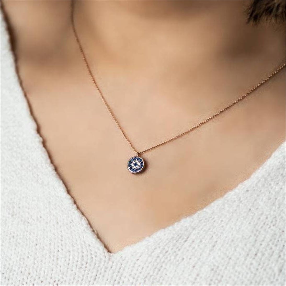 Goldstore-14k Solid Gold Evil Eye Circular Necklace, Dainty Gold Evil Eye Necklace is a Great Gift For Her. Christmas Gift