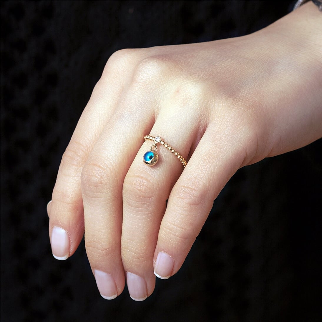 Goldstore-14K Solid Gold Evil Eye Diamond Ring, Yellow Gold Ball Bead Evil Eye Dangle Charm Ring, Glass Evil Eye Dainty Protective Ring Gift For Her