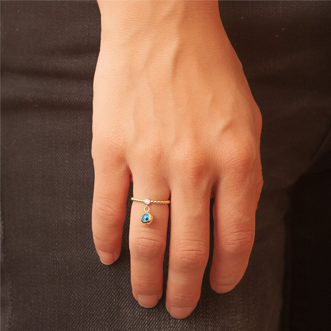 Goldstore-14K Solid Gold Evil Eye Diamond Ring, Yellow Gold Ball Bead Evil Eye Dangle Charm Ring, Glass Evil Eye Dainty Protective Ring Gift For Her