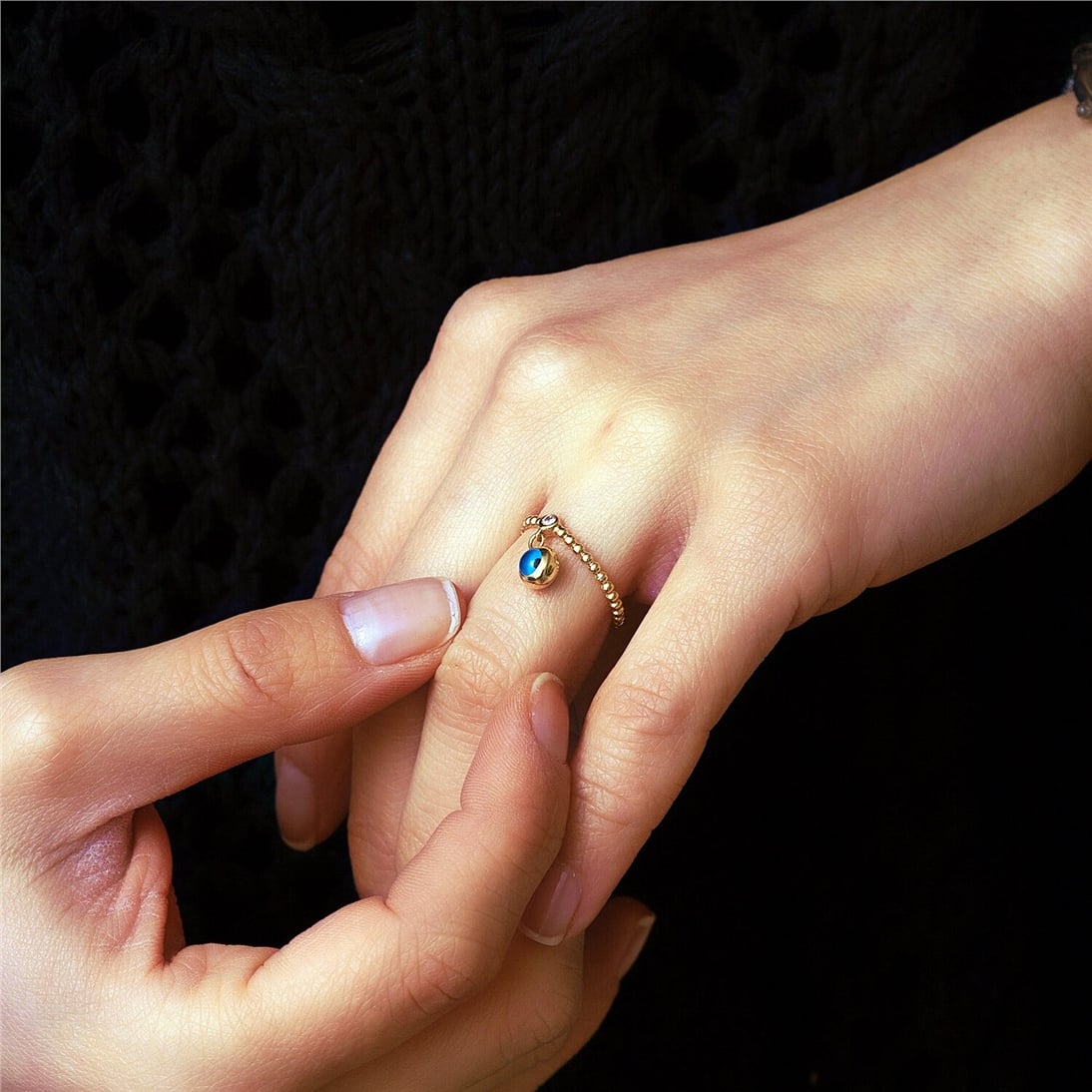 Goldstore-14K Solid Gold Evil Eye Diamond Ring, Yellow Gold Ball Bead Evil Eye Dangle Charm Ring, Glass Evil Eye Dainty Protective Ring Gift For Her