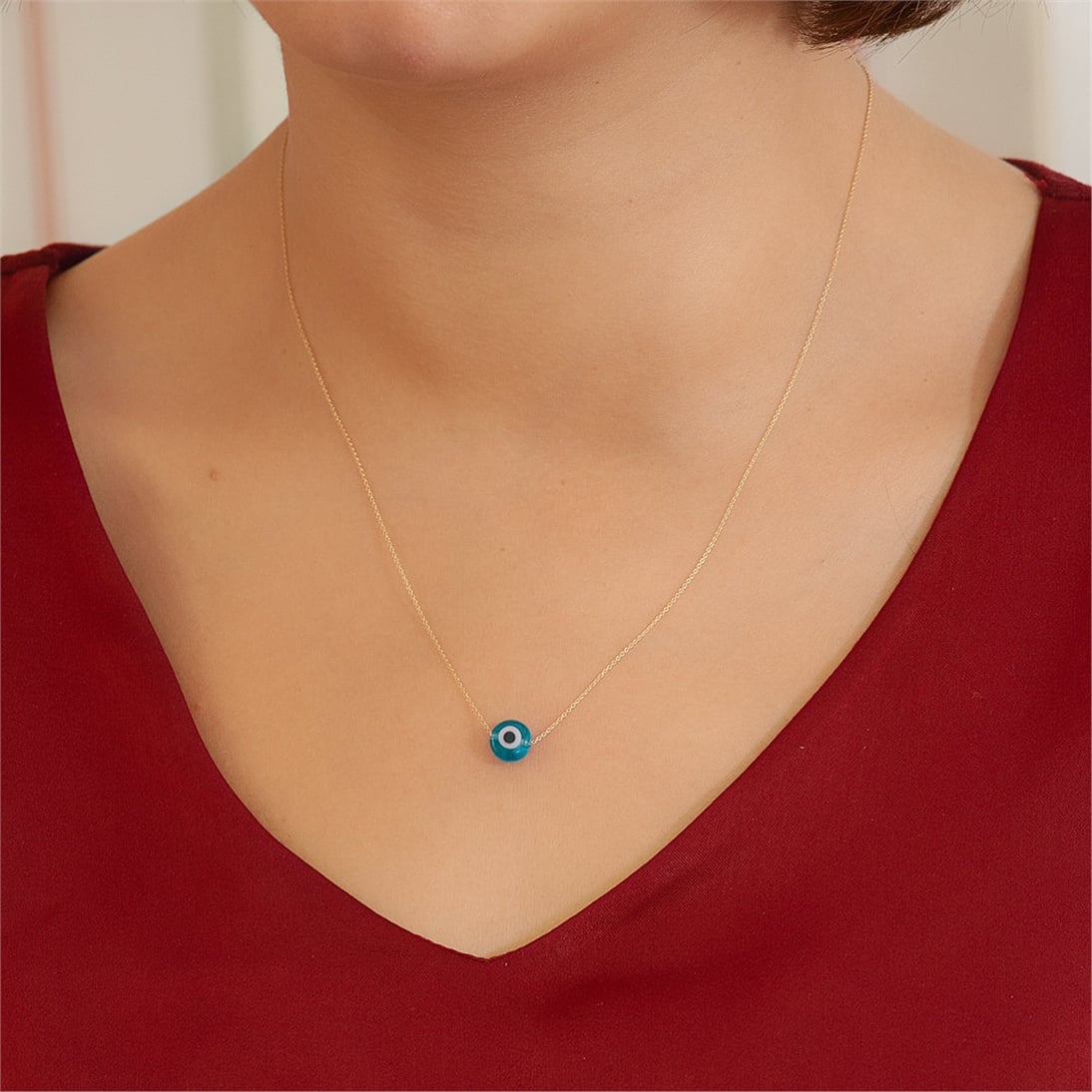 Goldstore-14k Solid Gold Evil Eye Necklace with Tiny Gold Balls. Dainty Blue Eye Protection Beaded Necklace is a Great Gift For Her. Christmas Gift