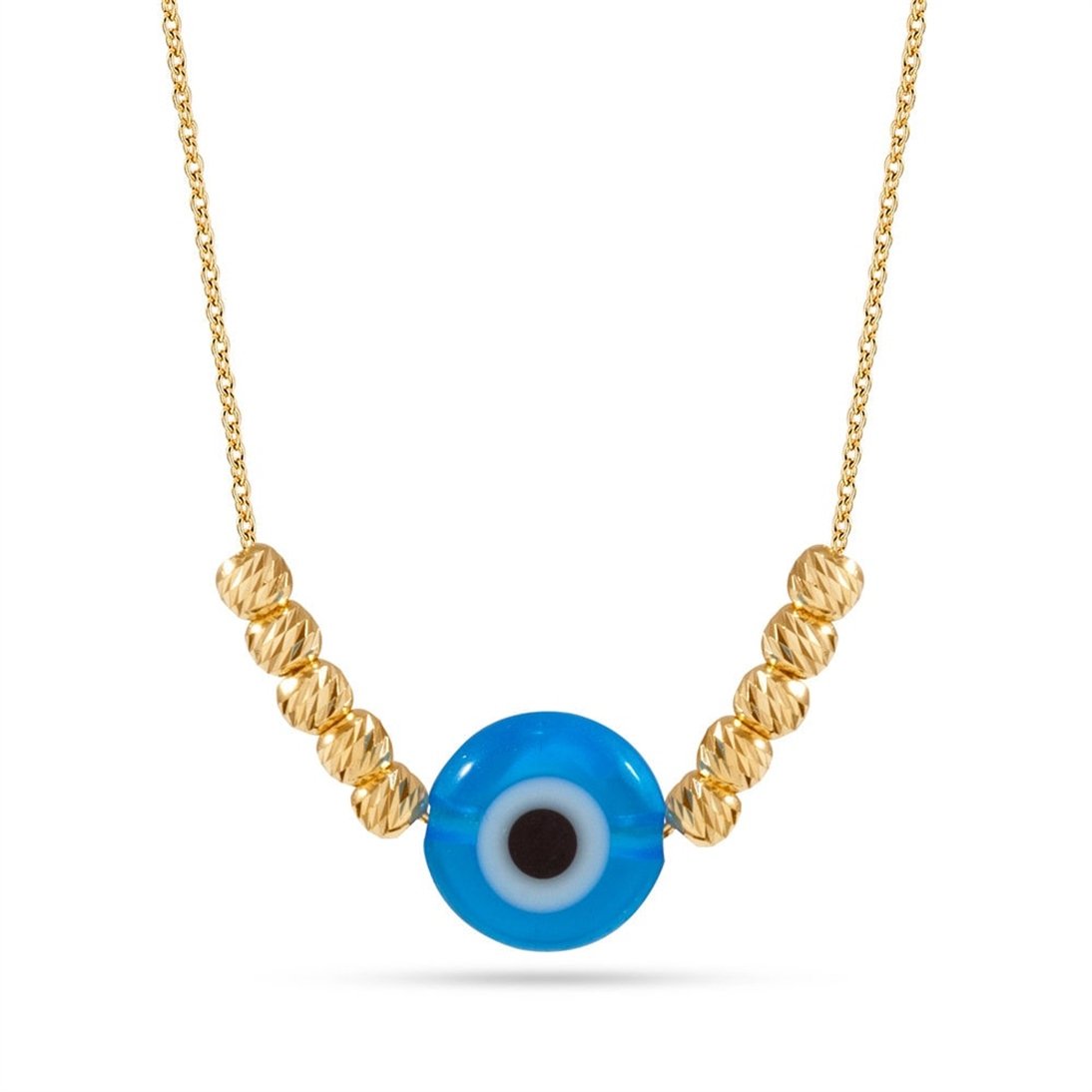 Goldstore-14k Solid Gold Evil Eye Necklace with Tiny Gold Balls. Dainty Blue Eye Protection Beaded Necklace is a Great Gift For Her. Christmas Gift
