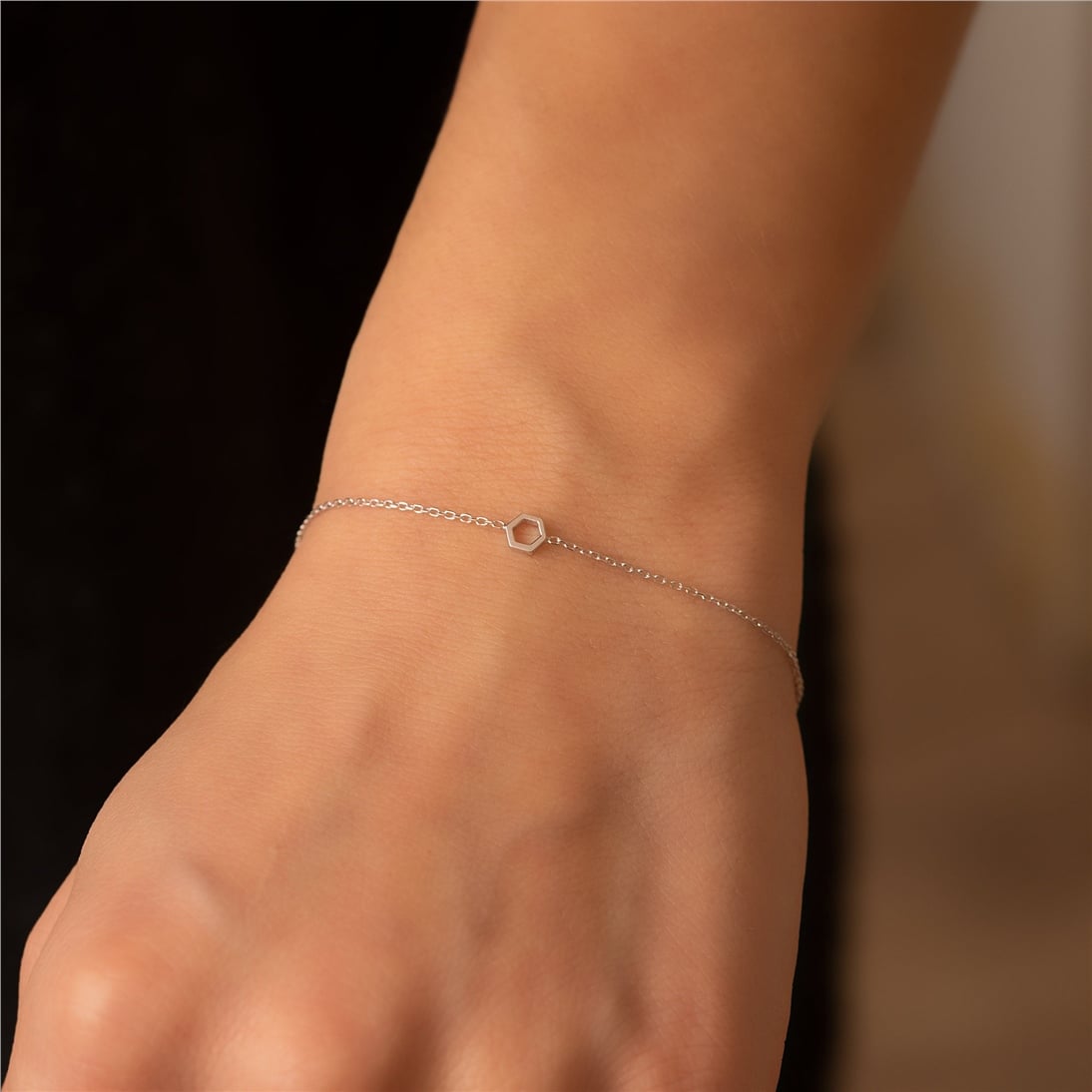 Goldstore-14k Solid Gold Hexagon and Birthstone Bracelet, Single Honeycomb and Cz Birthstone Dainty Bracelet is a Great Gift For Her. Bridesmaid Gift