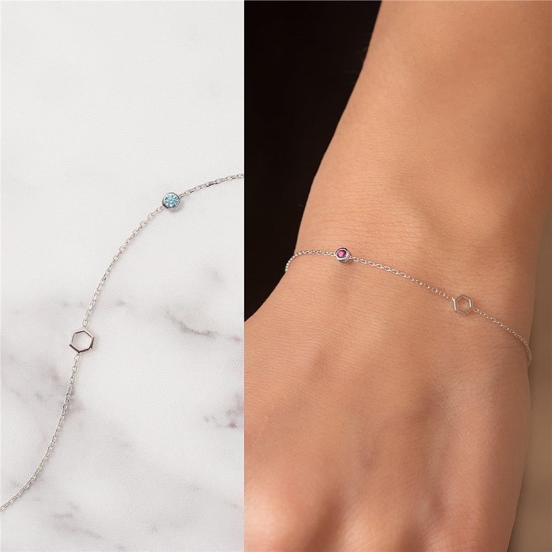 Goldstore-14k Solid Gold Hexagon and Birthstone Bracelet, Single Honeycomb and Cz Birthstone Dainty Bracelet is a Great Gift For Her. Bridesmaid Gift