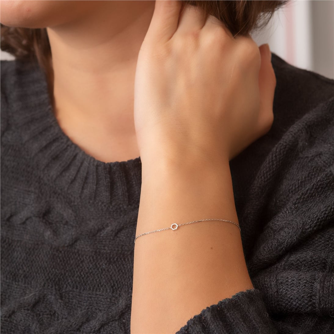 Goldstore-14k Solid Gold Hexagon and Birthstone Bracelet, Single Honeycomb and Cz Birthstone Dainty Bracelet is a Great Gift For Her. Bridesmaid Gift