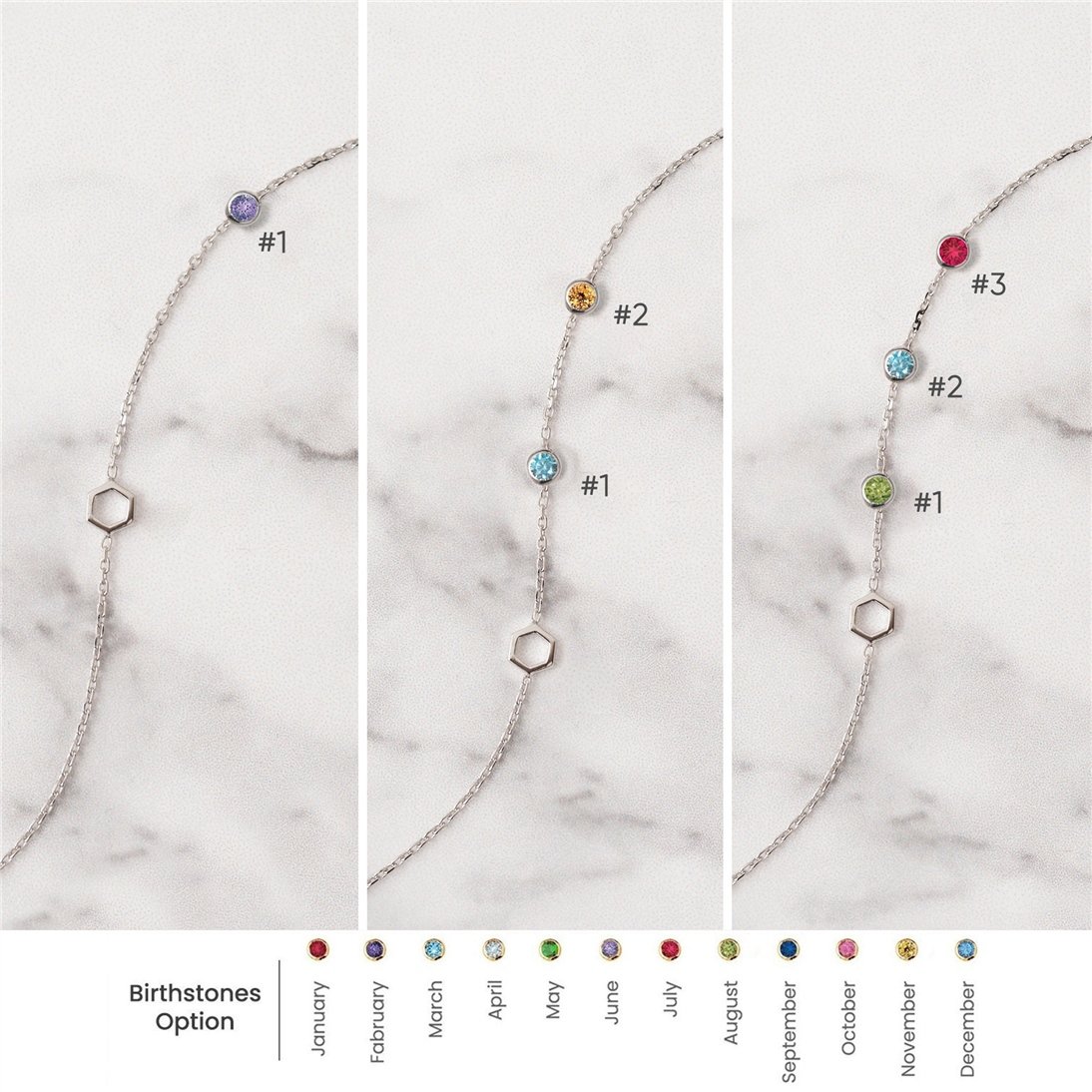 Goldstore-14k Solid Gold Hexagon and Birthstone Bracelet, Single Honeycomb and Cz Birthstone Dainty Bracelet is a Great Gift For Her. Bridesmaid Gift