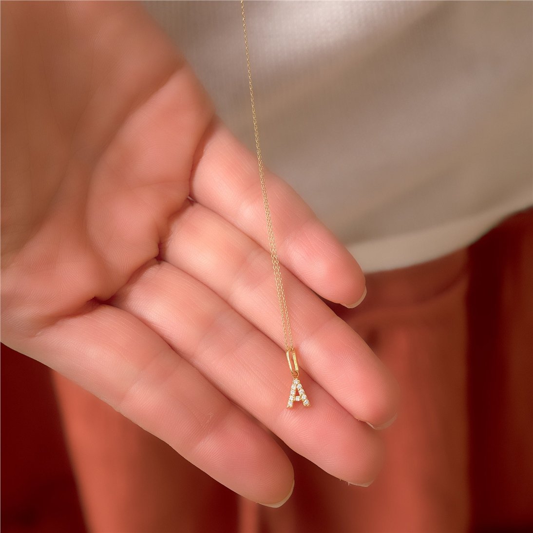 Goldstore-14K Solid Gold Initial Letter Pendant, Pave Diamond Pave Cz Alphabet Charm Minimal Necklace, Custom Initial Charm Real Gold Necklace Gift