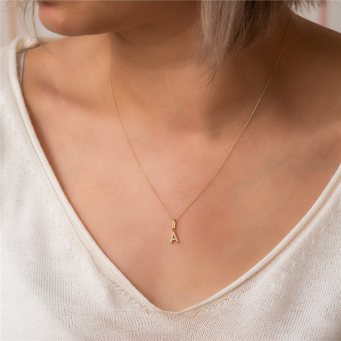 Goldstore-14K Solid Gold Initial Letter Pendant, Pave Diamond Pave Cz Alphabet Charm Minimal Necklace, Custom Initial Charm Real Gold Necklace Gift