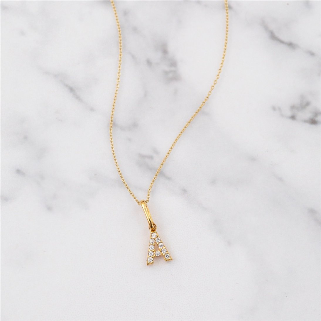 Goldstore-14K Solid Gold Initial Letter Pendant, Pave Diamond Pave Cz Alphabet Charm Minimal Necklace, Custom Initial Charm Real Gold Necklace Gift