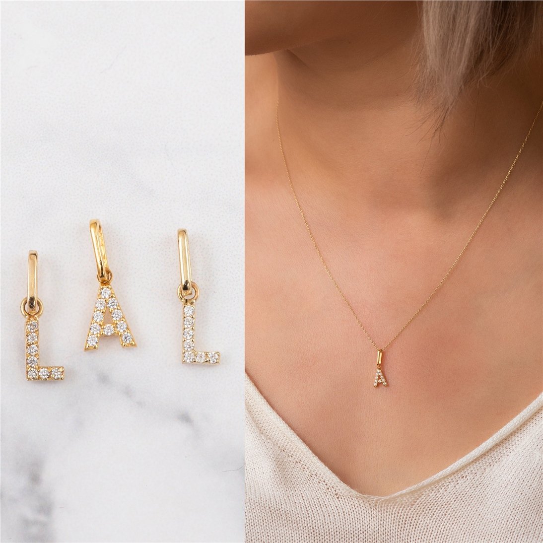 Goldstore-14K Solid Gold Initial Letter Pendant, Pave Diamond Pave Cz Alphabet Charm Minimal Necklace, Custom Initial Charm Real Gold Necklace Gift