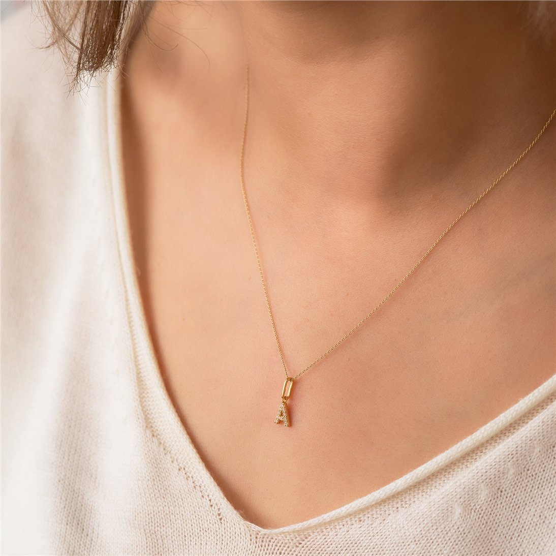 Goldstore-14K Solid Gold Initial Letter Pendant, Pave Diamond Pave Cz Alphabet Charm Minimal Necklace, Custom Initial Charm Real Gold Necklace Gift