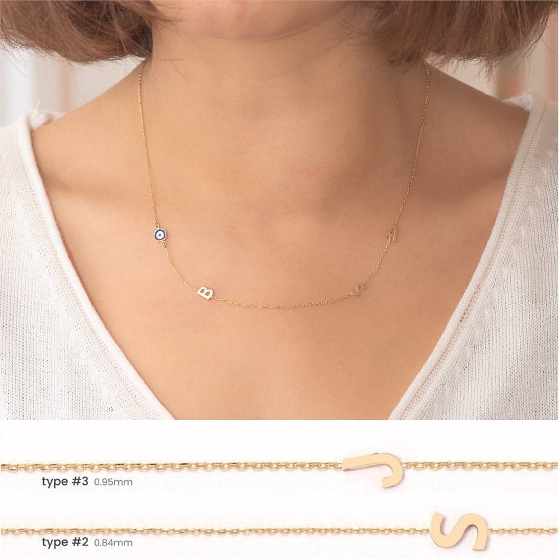 Goldstore-14k Solid Gold Initial Necklace, Sideways Custom Letter Evil Eye Gold Necklace, Personalized Initial Sideways Necklace is Great Gift for Her