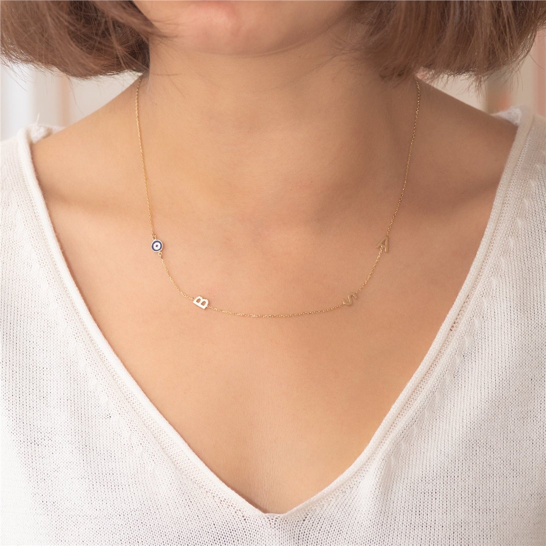 Goldstore-14k Solid Gold Initial Necklace, Sideways Custom Letter Evil Eye Gold Necklace, Personalized Initial Sideways Necklace is Great Gift for Her