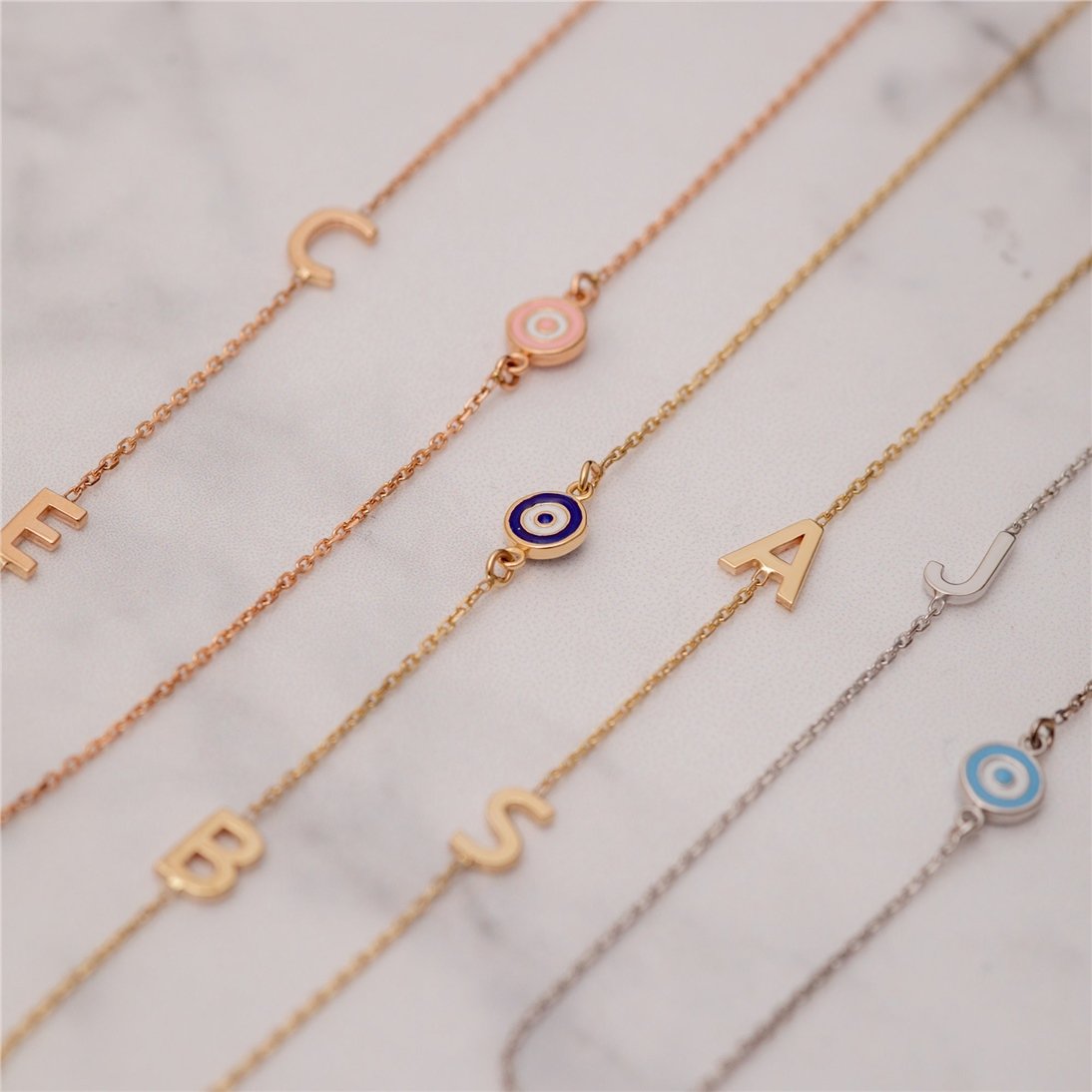 Goldstore-14k Solid Gold Initial Necklace, Sideways Custom Letter Evil Eye Gold Necklace, Personalized Initial Sideways Necklace is Great Gift for Her