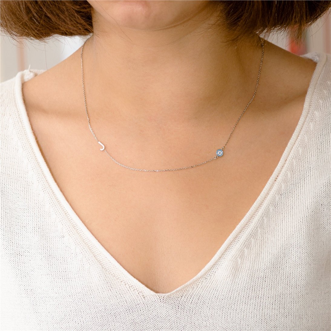 Goldstore-14k Solid Gold Initial Necklace, Sideways Custom Letter Evil Eye Gold Necklace, Personalized Initial Sideways Necklace is Great Gift for Her