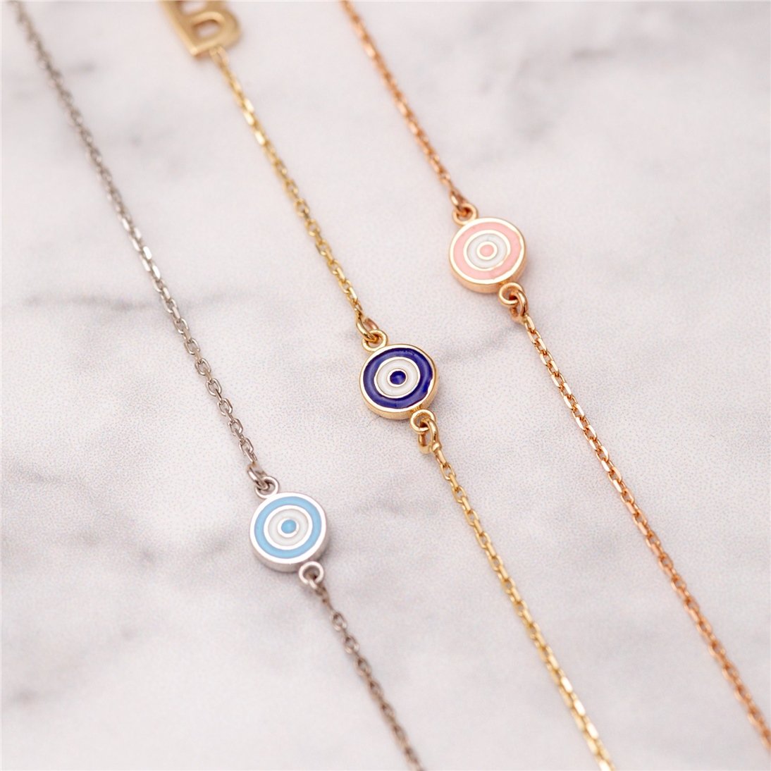 Goldstore-14k Solid Gold Initial Necklace, Sideways Custom Letter Evil Eye Gold Necklace, Personalized Initial Sideways Necklace is Great Gift for Her