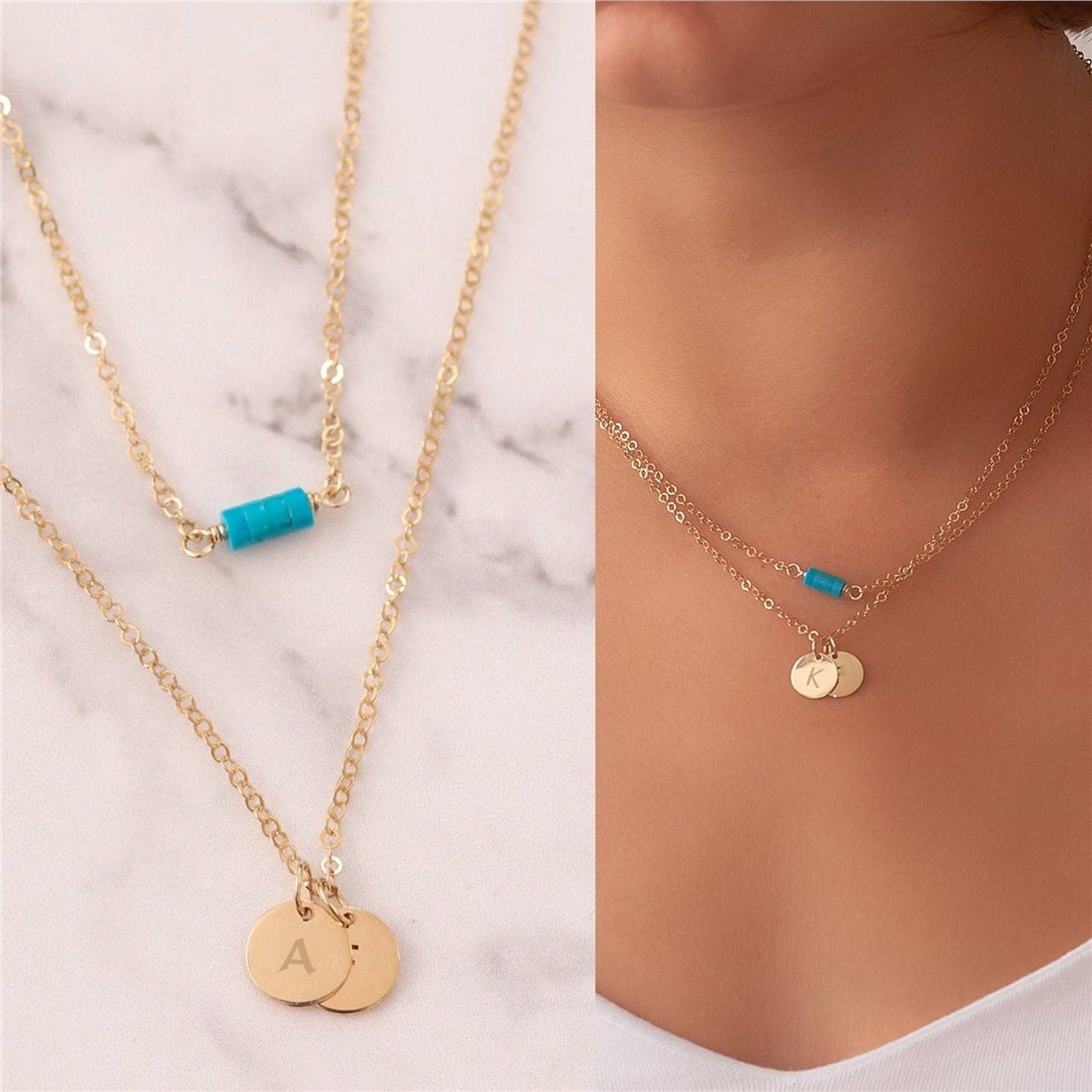 Goldstore-14k Solid Gold Layered Initial Necklaces, Custom Engrave Letters/Initials Disc Necklace, Personalized Dainty Disc Pendant Turquoise Necklace