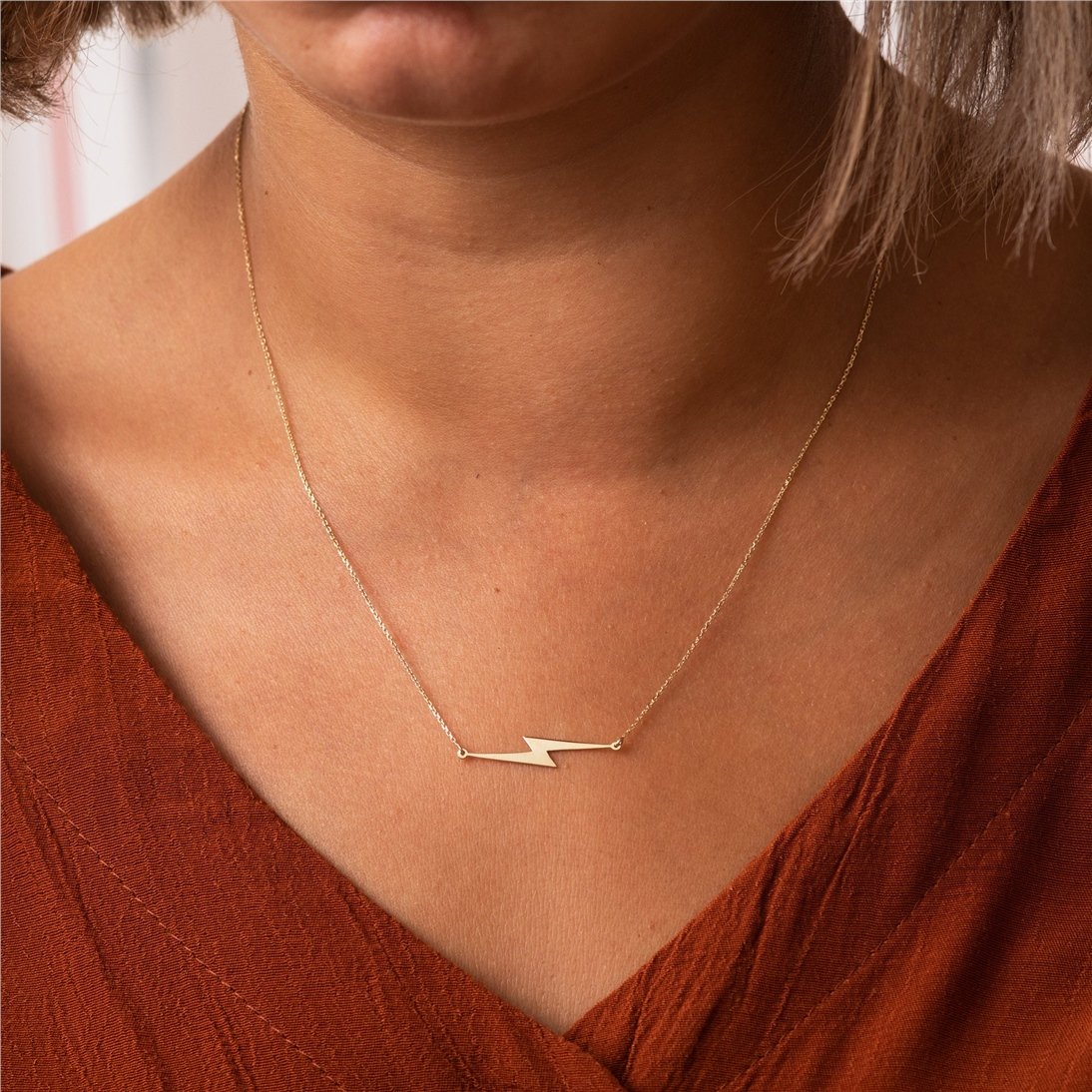 Goldstore-14k Solid Gold Lightning Bolt Necklace, Gold Choker Dainty Sideways Lightning Necklace, Lightning Bolt Charm Necklace Great Gift For Her
