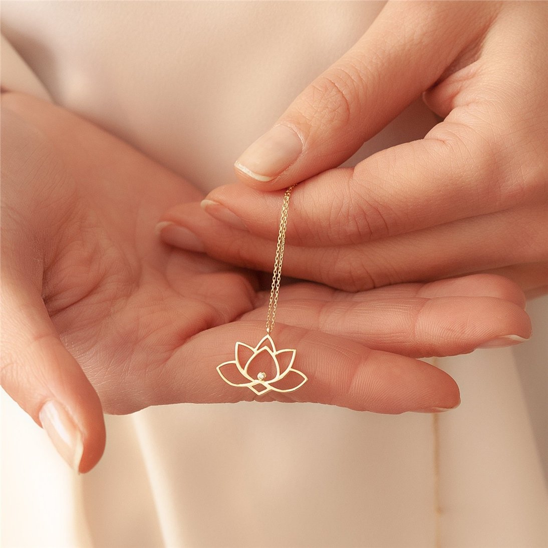 Goldstore-14k Solid Gold Lotus Diamond Necklace, Diamond Lotus Floral Necklace, Dainty Gold Lotus Yoga Necklace. Diamond Gold Floral Necklace