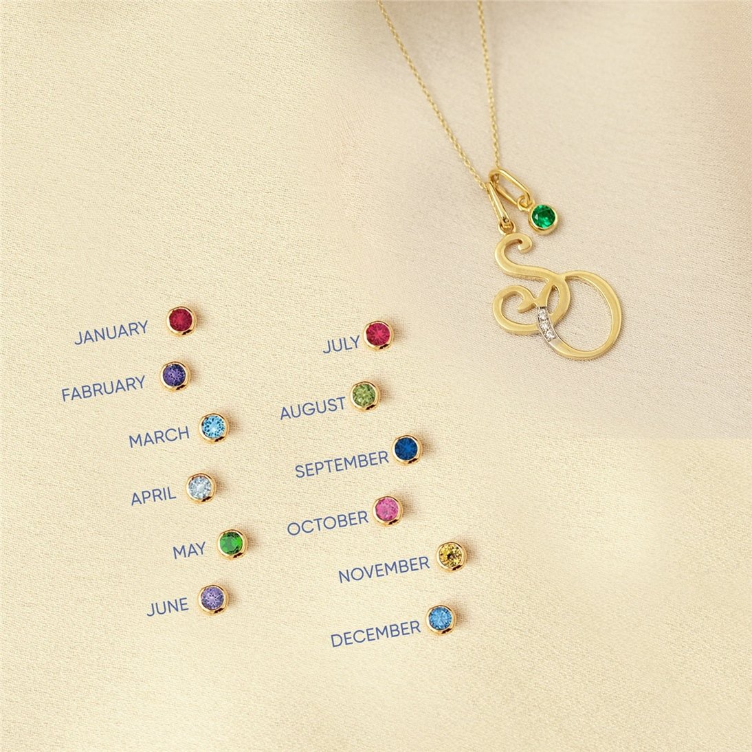 Goldstore-14k Solid Gold Monogram Custom Initials and Birthstone Necklace, Double Initials 14k Gold Pendant, Custom Intertwined Initials Gold Necklace