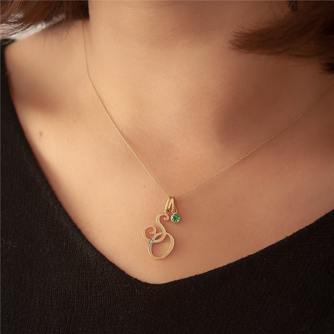 Goldstore-14k Solid Gold Monogram Custom Initials and Birthstone Necklace, Double Initials 14k Gold Pendant, Custom Intertwined Initials Gold Necklace