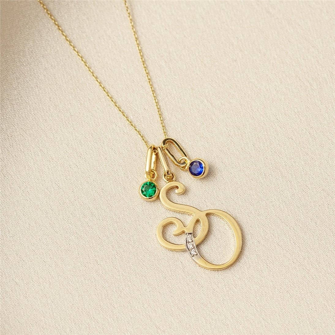 Goldstore-14k Solid Gold Monogram Custom Initials and Birthstone Necklace, Double Initials 14k Gold Pendant, Custom Intertwined Initials Gold Necklace