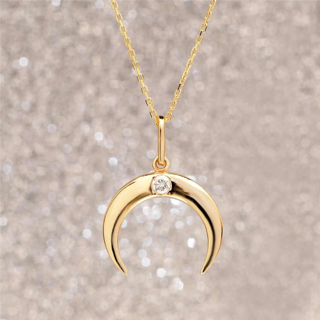 Goldstore-14k Solid Gold Moon Diamond Necklace, Upside Down Crescent Moon Necklace, Double Horn Diamond Gold Necklace, great Valentine's gift for her.