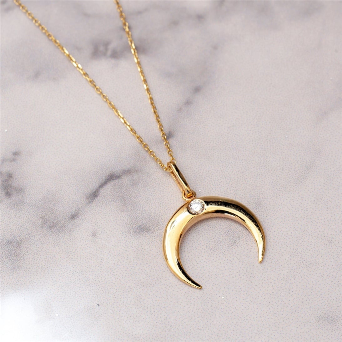 Goldstore-14k Solid Gold Moon Diamond Necklace, Upside Down Crescent Moon Necklace, Double Horn Diamond Gold Necklace, great Valentine's gift for her.