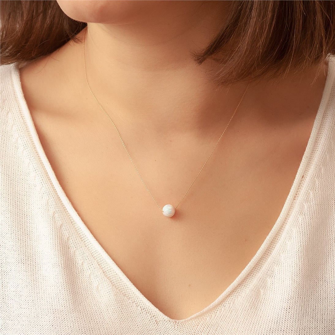 Goldstore-14k Solid Gold Opal Ball Necklace, Opal Bead Necklace Floating 14k Real Gold Chain, White Opal Gold Necklace, Dainty Gold Blue Opal Necklace