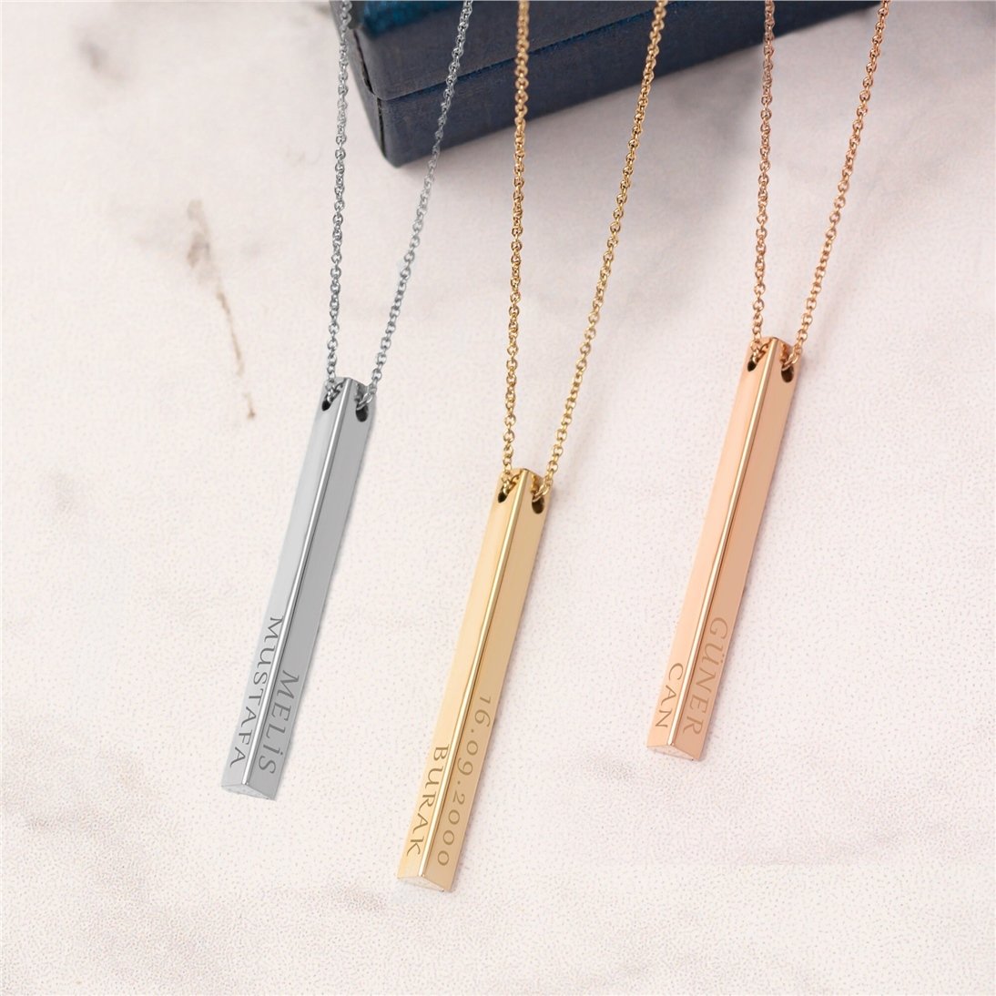 Goldstore-14K Solid Gold Personalized Triangle Bar Necklace, Three Sided Name Coordinate Necklace, Engrave Name Date Bar Necklace is a Bridesmaid Gift