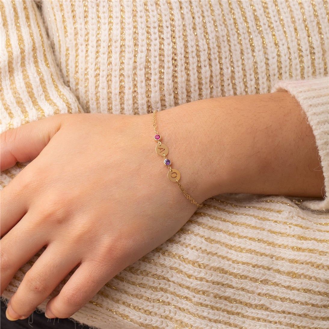 Goldstore-14K Solid Gold Personalized Birthstone & Initial Disc Bracelet, Custom Letter Disk, Family Birthstone Multi Disc Kids Initial Tag Bracelet