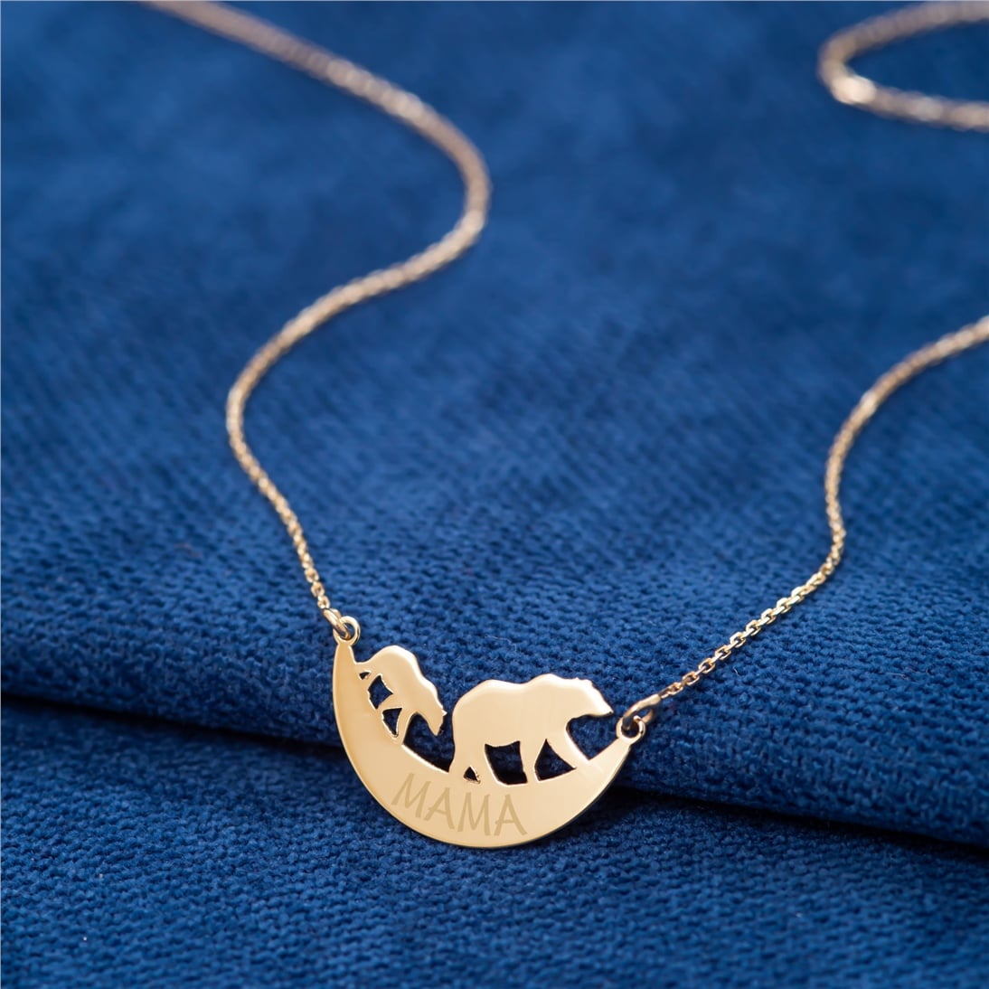 Goldstore-14k Solid Gold Personalized Mama Bear Necklace, Mama Bear and Cubs Necklace, Momma Bear Necklace, Engrave Kids Name Necklace gift for mom.