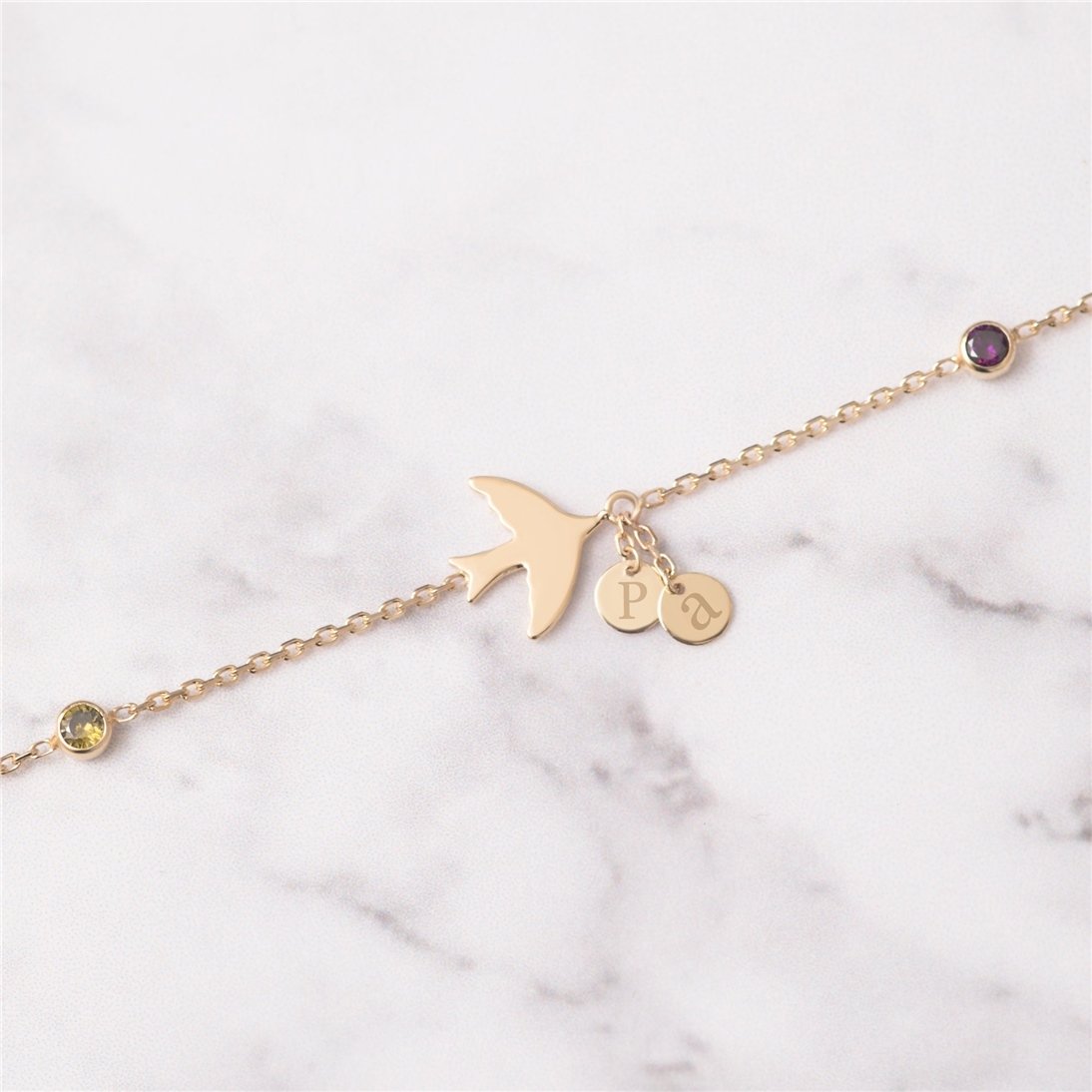 Goldstore-14k Solid Gold Personalized Initial Disc Bird Bracelet, Custom Letter Birthstone Swallow Bracelet, Engraved Initial Mini Disc Bracelet