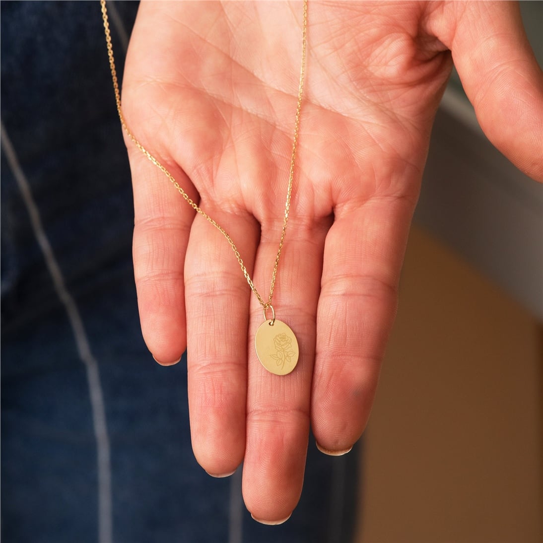 Goldstore-14K Solid Gold Personalized Birth Flower Pendant Necklace, Combined Birth Month Floral Pendant, Custom Engrave Family Necklace for Mom Nana