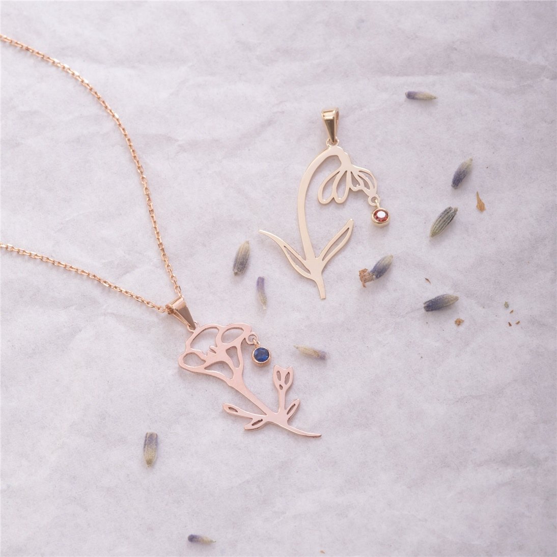Goldstore-14K Solid Gold Personalized Birth Flower Pendant Necklace, Floral Custom Dainty Birthflower Choker Necklace, Combined Flower Pendant Gold