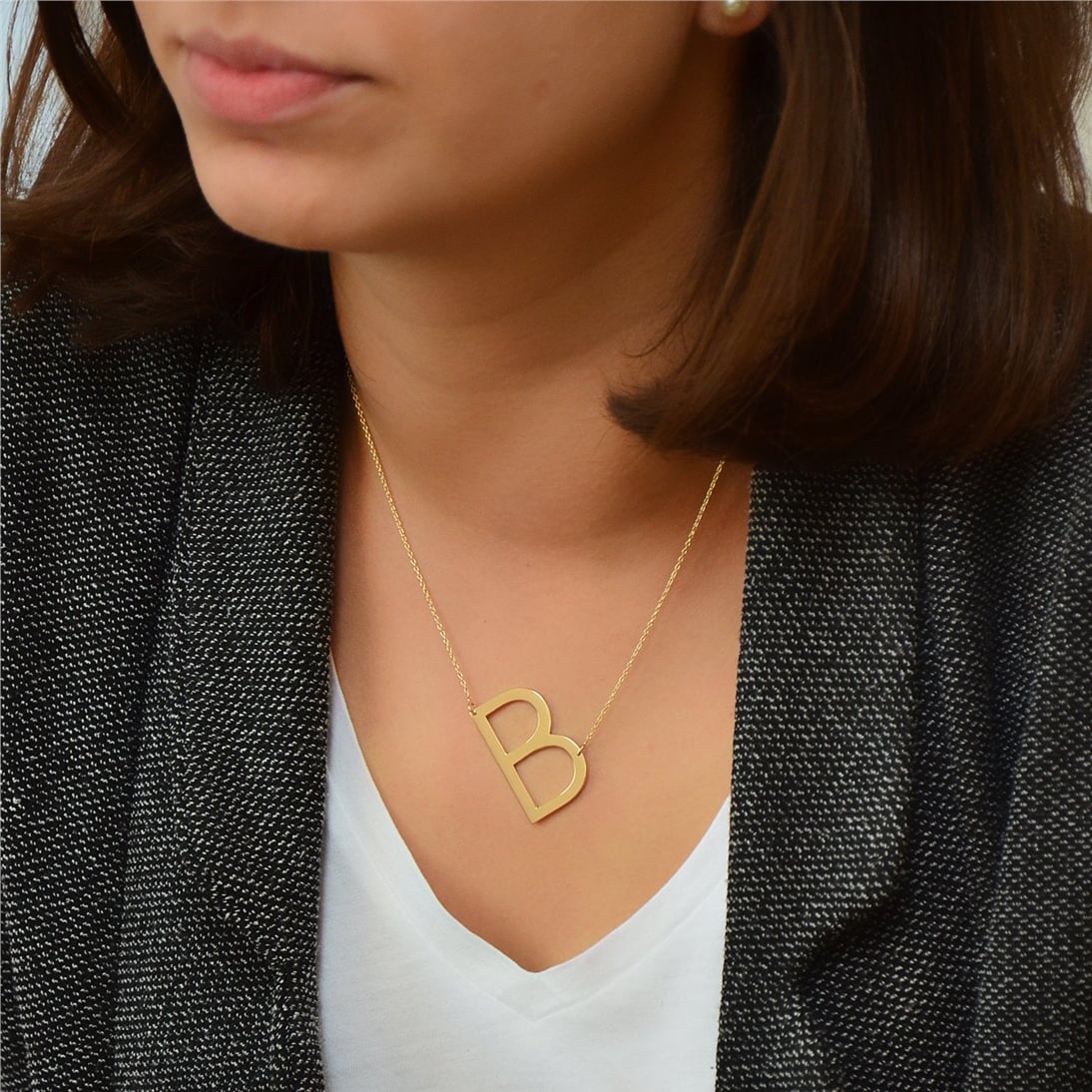 Goldstore-14k Solid Gold Personalized Large Initial Necklace. Overaized Big Letter Custom Gold Necklace is a Great Gift For Her. Valentine's Gift.