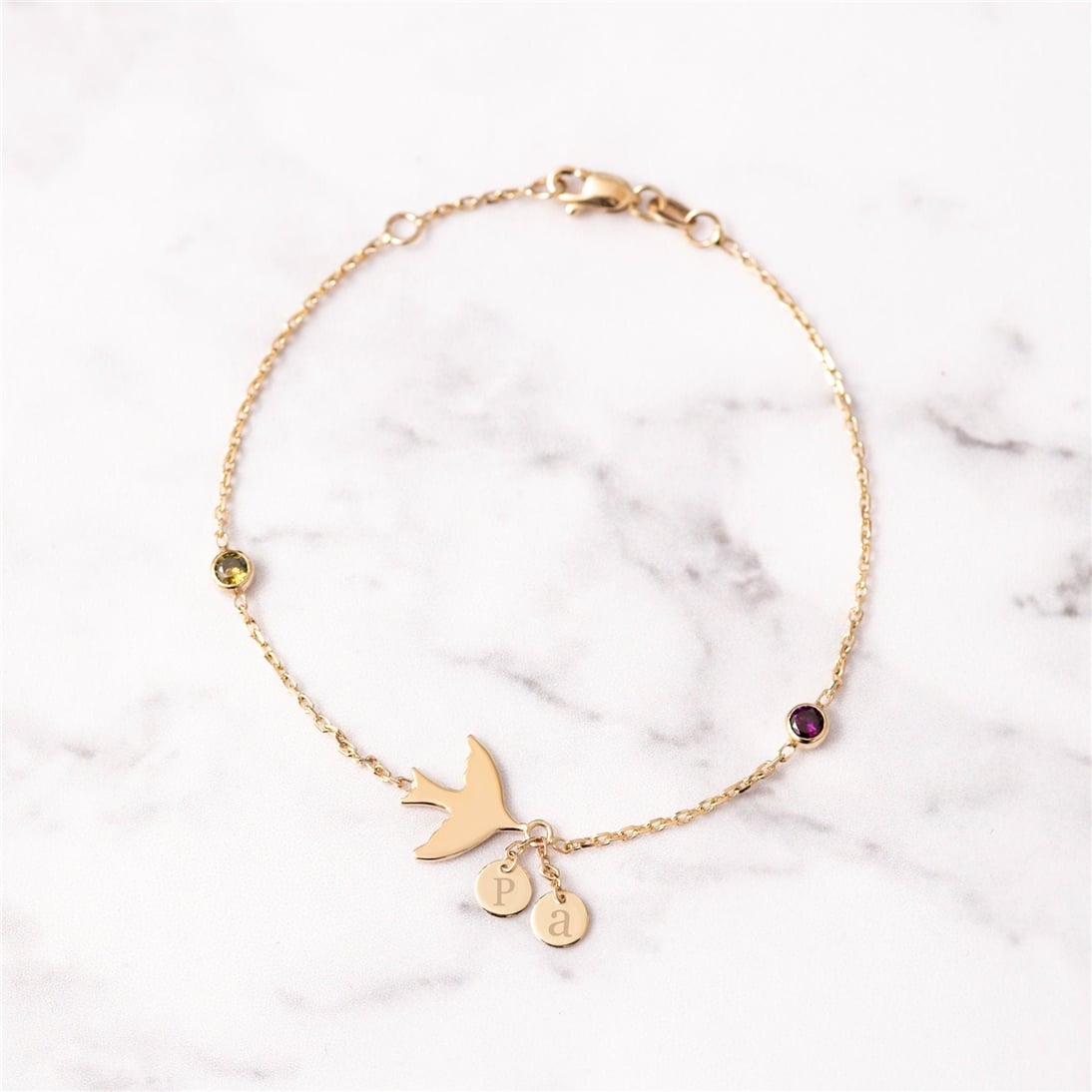 Goldstore-14k Solid Gold Personalized Initial Disc Bird Bracelet, Custom Letter Birthstone Swallow Bracelet, Engraved Initial Mini Disc Bracelet
