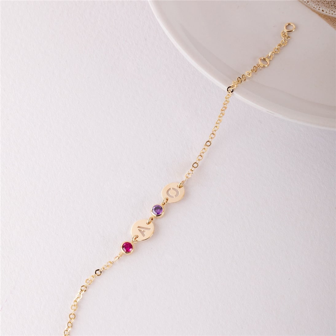 Goldstore-14K Solid Gold Personalized Birthstone & Initial Disc Bracelet, Custom Letter Disk, Family Birthstone Multi Disc Kids Initial Tag Bracelet