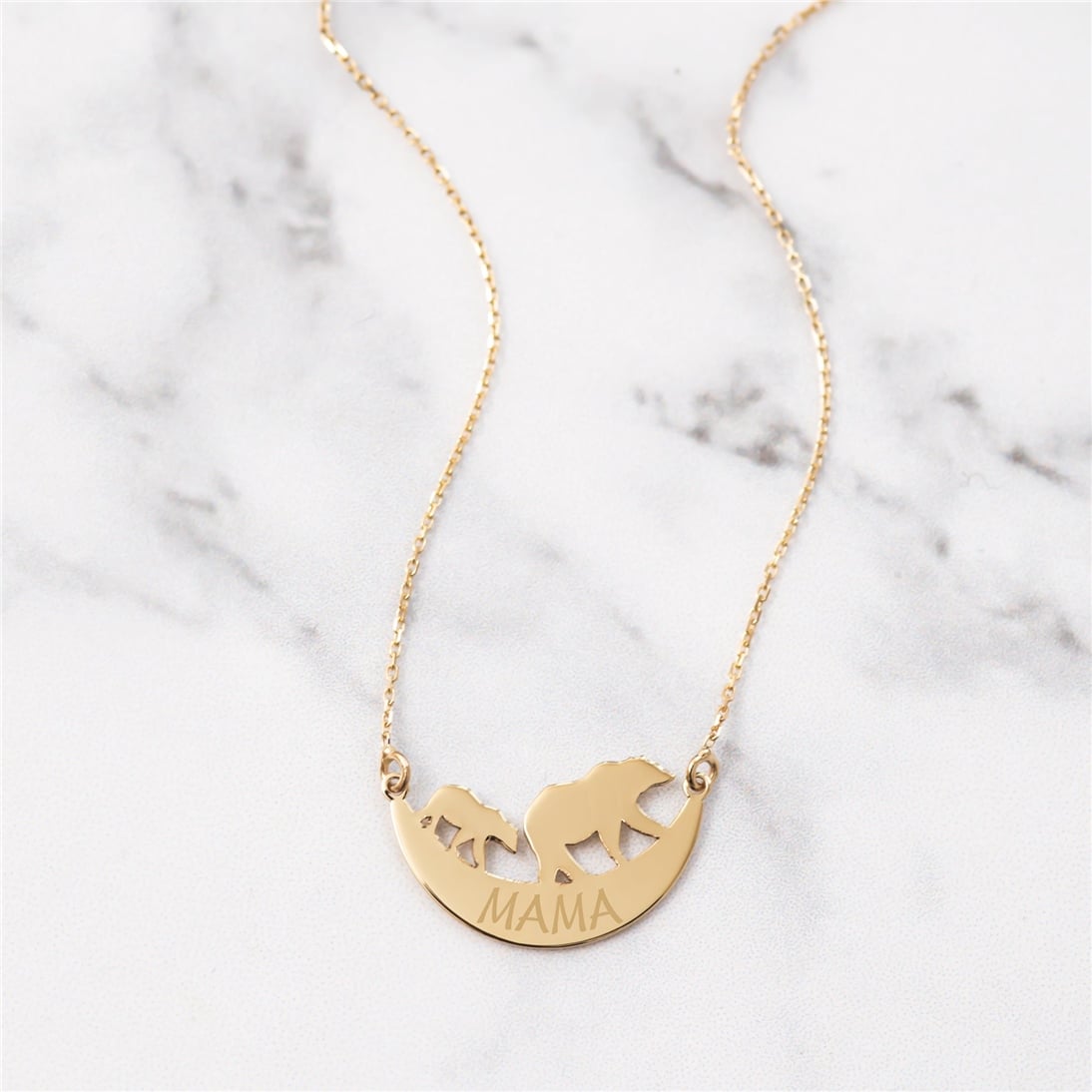 Goldstore-14k Solid Gold Personalized Mama Bear Necklace, Mama Bear and Cubs Necklace, Momma Bear Necklace, Engrave Kids Name Necklace gift for mom.