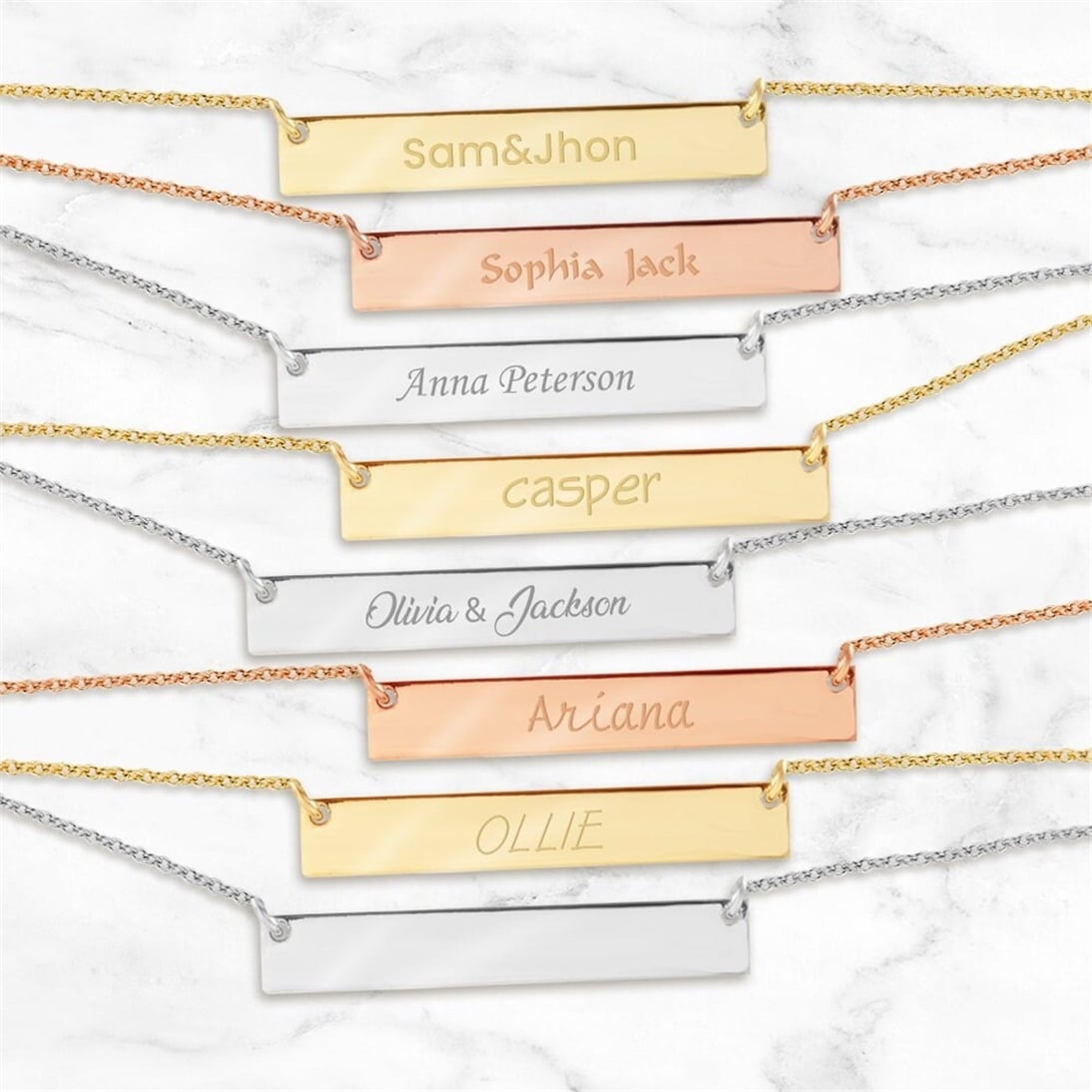 Goldstore-14k Solid Gold Personalized Name Bar Necklace, Dainty Family Bar Necklace is Available for Name Coordinate Date or Handwriting Names