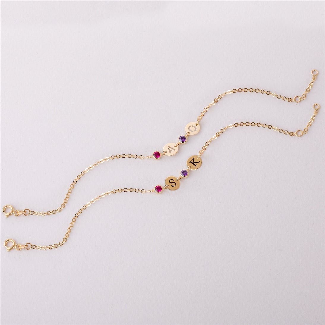 Goldstore-14K Solid Gold Personalized Birthstone & Initial Disc Bracelet, Custom Letter Disk, Family Birthstone Multi Disc Kids Initial Tag Bracelet